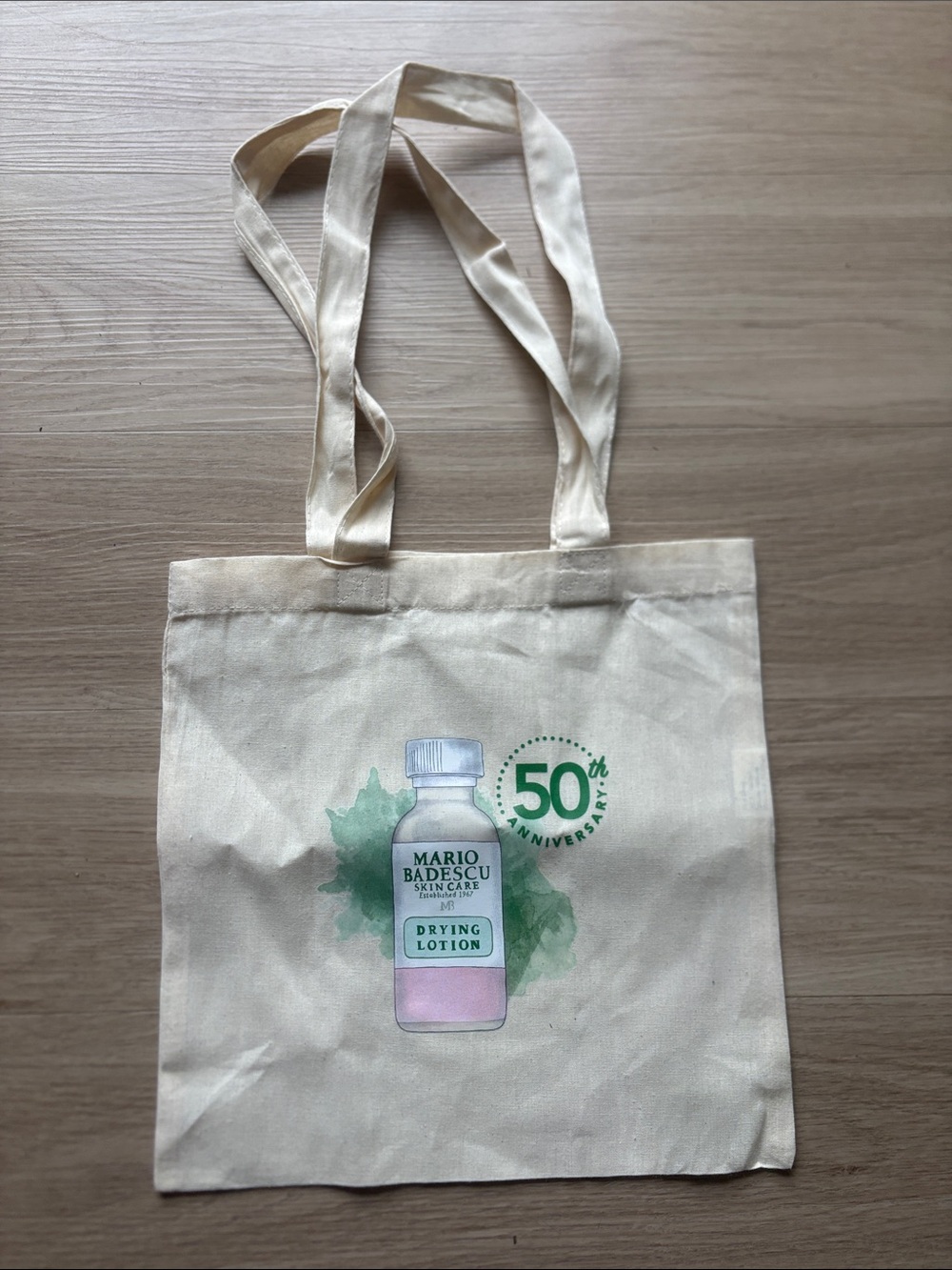 Mario Badescu Cream Tote with Green and Pink Artwork